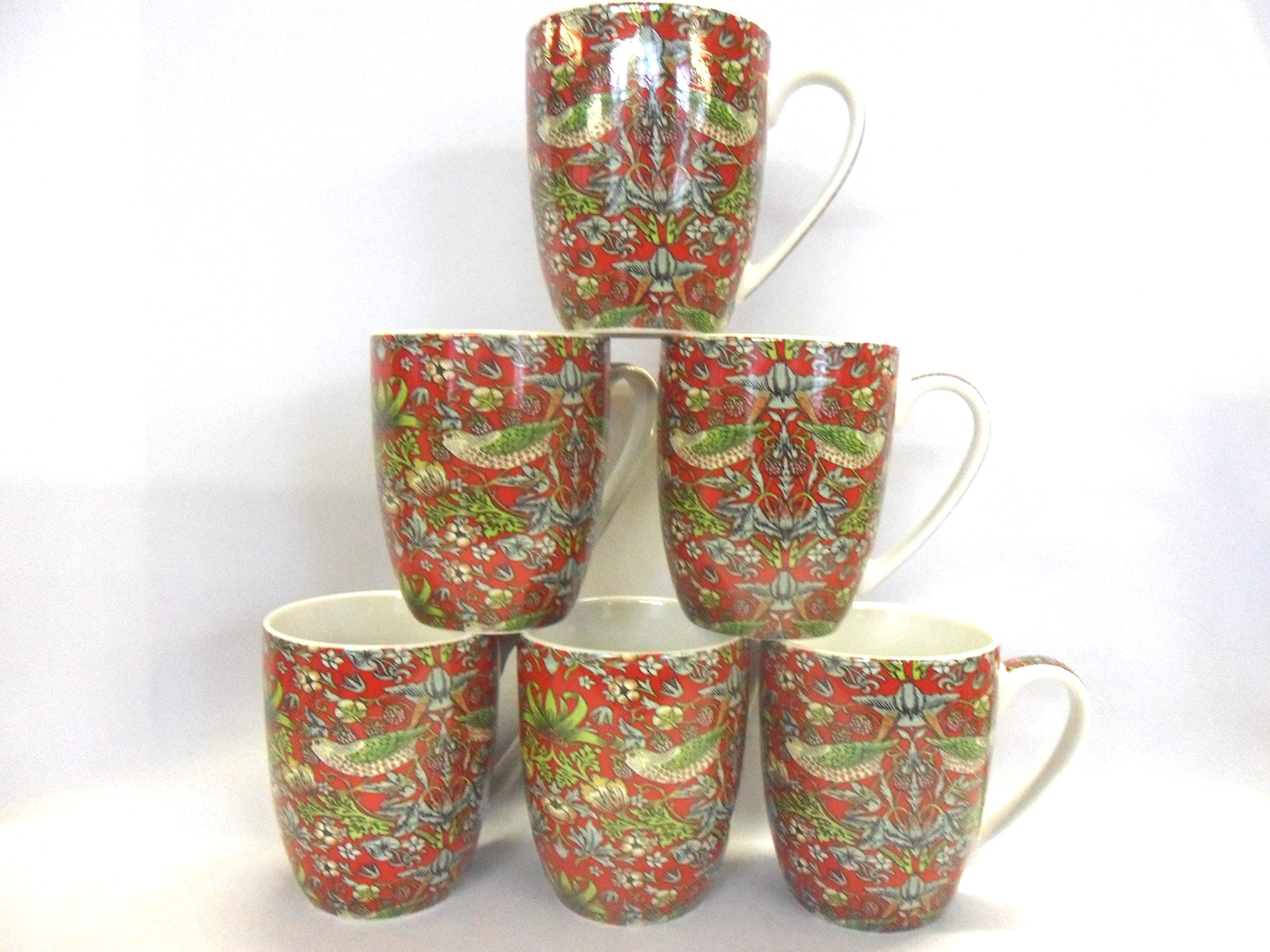 Set of 6 William Morris red strawberry thief aspen mugs