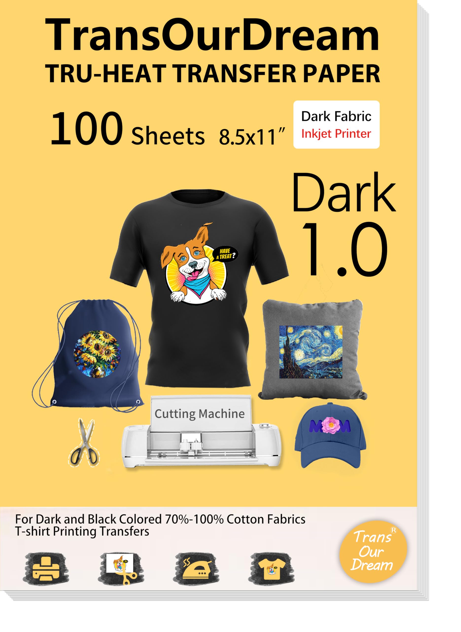 TransOurDream Heat Transfer Paper for Dark Fabric (100 Sheets, 8.5x11) Printable Heat Transfer Vinyl for T-Shirts Iron on Transfers for Inkjet Printer