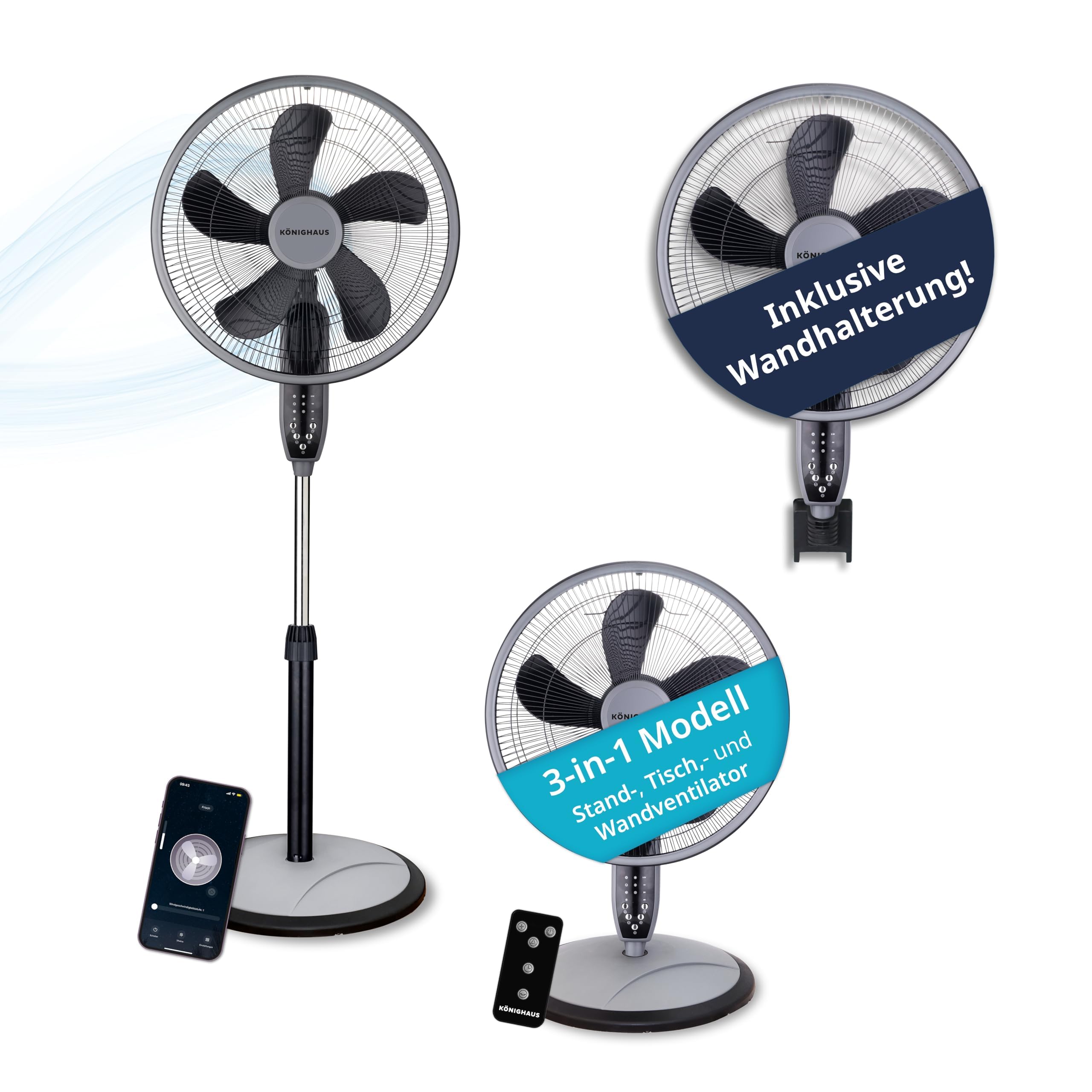 Könighaus 3-in-1 Ventilator – Stand-, Tisch- & Wandmontage | WLAN Smart Home (Alexa, Tuya) | Fernbedienung | Oszillierender Standventilator | Timer | Natürlicher Luftstrom | Starke Kühlung bis 20 m
