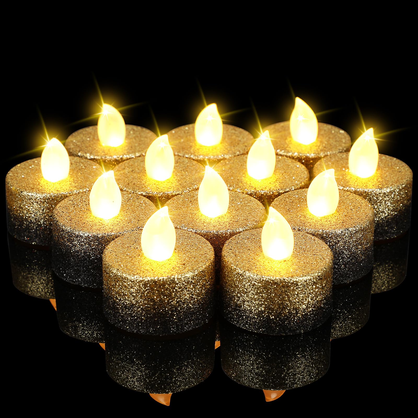 Rossesay 24 Pcs Black Gold Flameless LED Tea Lights Glitter Candles