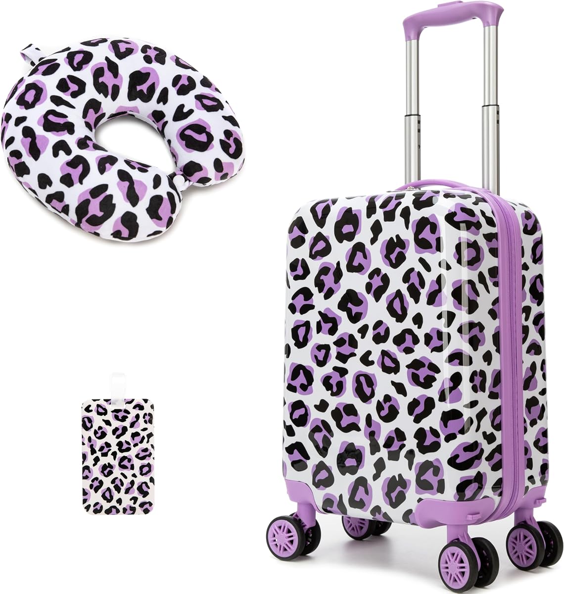 Kids Luggage with Spinner Wheels Carry on Suitcases for Girls 2 Piece Luggage Sets 16" Toddler Suitcase for Kids Rolling Suitcase Airline Approved (Purple Leopard)