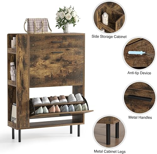 Vista 14 de Anmytek Gabinete de zapatos negro con 2 cajones abatibles, moderno zapatero independiente con cajones, armario estrecho para entrada y pasillo