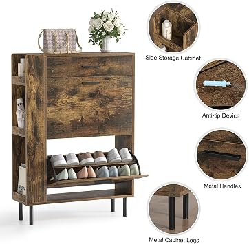 Shoe Storage Cabinet, Modern Shoe Cabinet with 2 Flip Hidden Doors and Drawer, Wooden Narrow Shoe Storage with Adjustable Shelves For Hallway, Entryway, Living Room 75x24x105cm