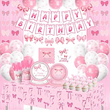 DMIGHT 206PCS Pink Bow Birthday Party Supplies Serve 24, Coquette Birthday Decorations Includes Bow Banner Garland, Hanging Swirls, Backdrops,Tablecloth, Plates for Girls Bachelorette Party Decor