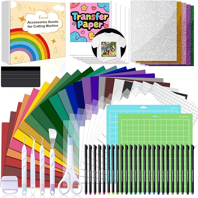 The Ultimate Accessories and Supplies Bundle for Makers and All Explore Air - The Starter Kit with Weeding Tools, Glitter Vinyl, Permanent Vinyl, Transfer Paper for Crafting Projects