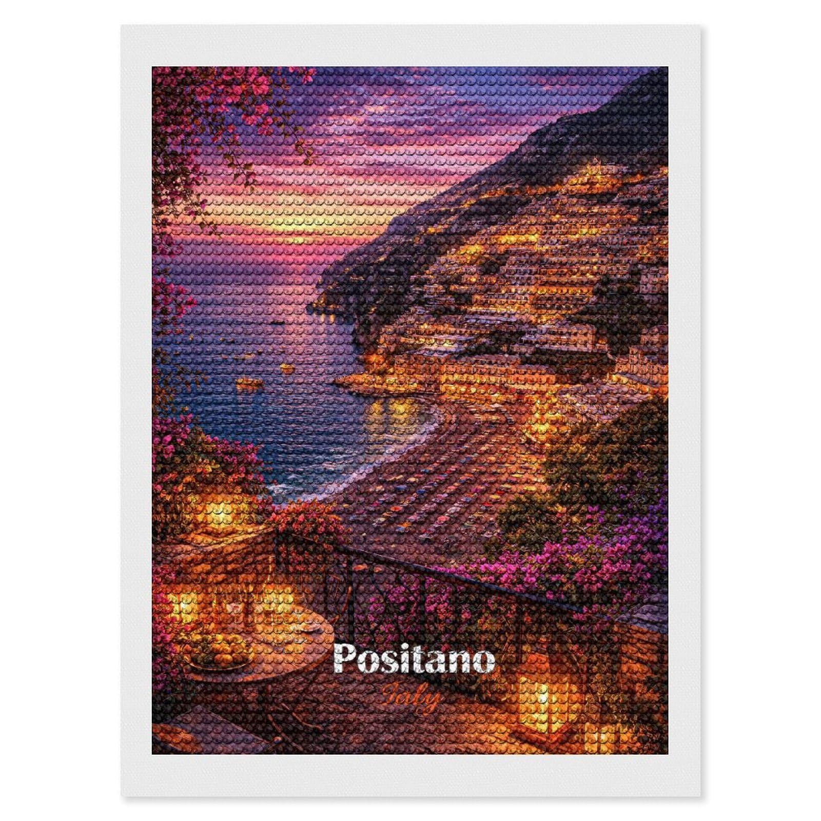 Junmoney Positano Italy Sunset Balcony View Diamond Art Canvas 12"x16", for Adults, Printed Canvas, Home Wall Decor, Gift Idea, Mindful Craft Activity