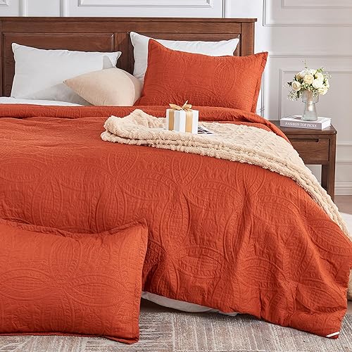 YOZEN Juego de edredón de tamaño matrimonial, color naranja quemado, juego de ropa de cama bohemio de medallón de terracota sólido de 3 piezas,