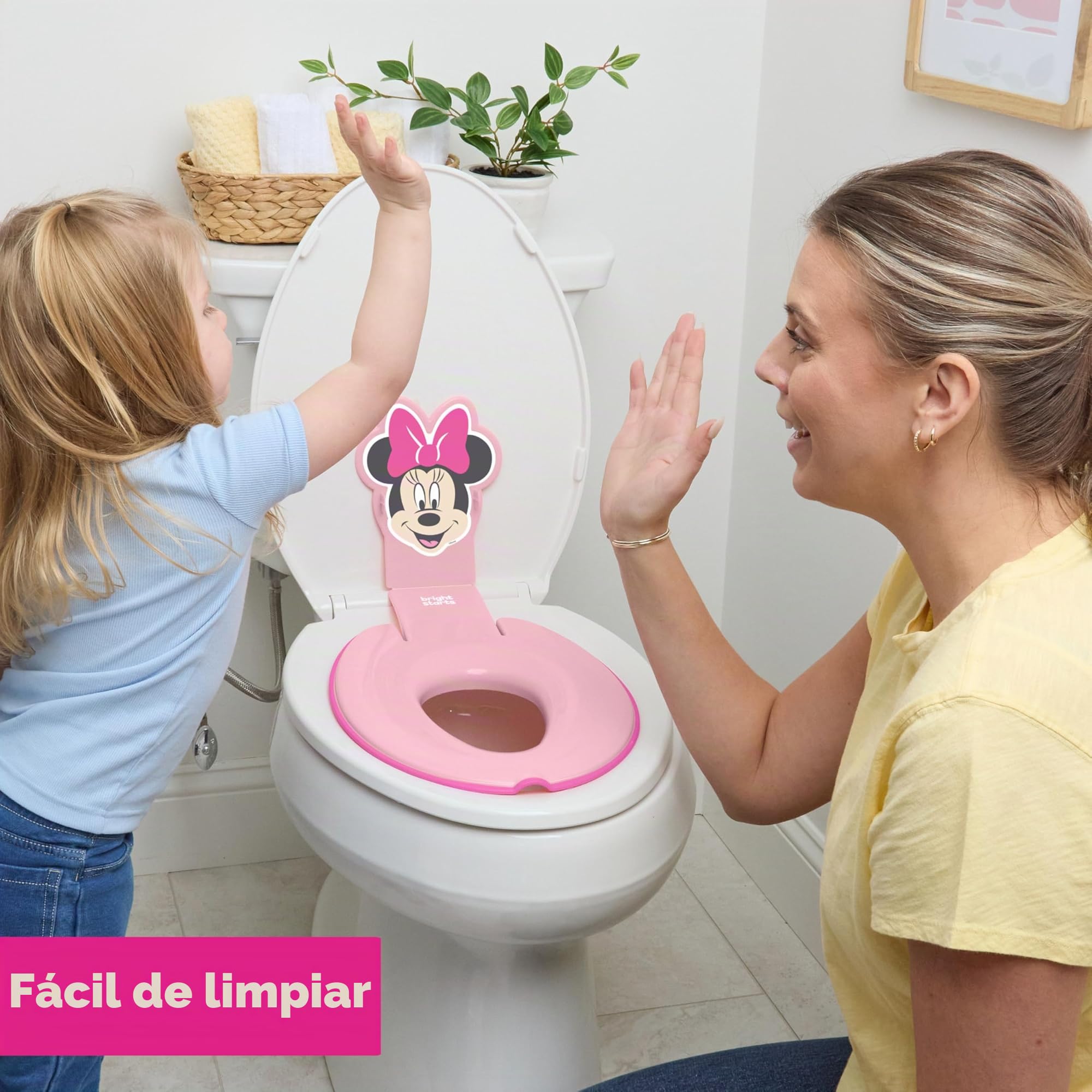 Bright Starts, Disney Baby Minnie Mouse Adaptador WC Niños, Reductor WC Niños con Asas Antideslizantes, Fácil de Montar, Para Niños Desde 18 Meses, Rosa