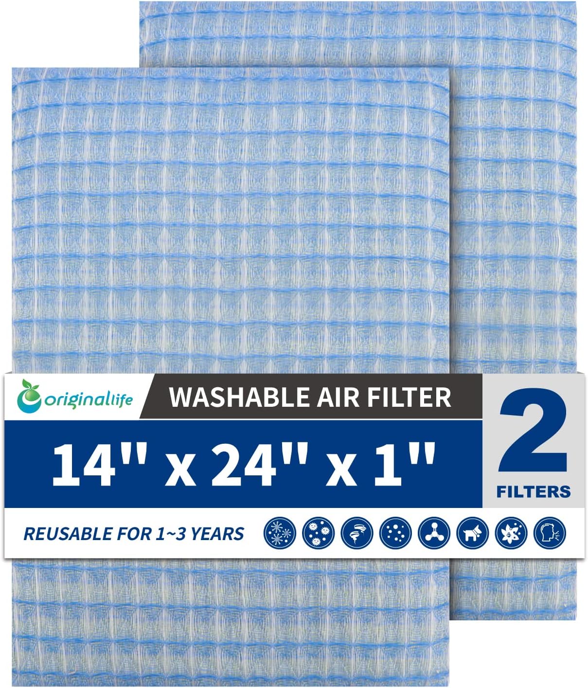 Washable Reusable HVAC Air Filter Replacement, 14 x 24 x 1 Inch, MERV 8, for AC and Furnace, 2-Pack