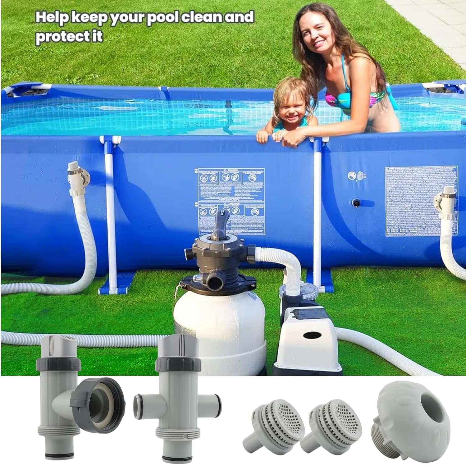 Above Ground Pool Parts Kit, Pump Part with Split Plunger Valve, Plunger Valve, 1.5" Inlet Water Nozzle, 1.25" Outlet Strainer, Pool Hose Adapter (WT-070)