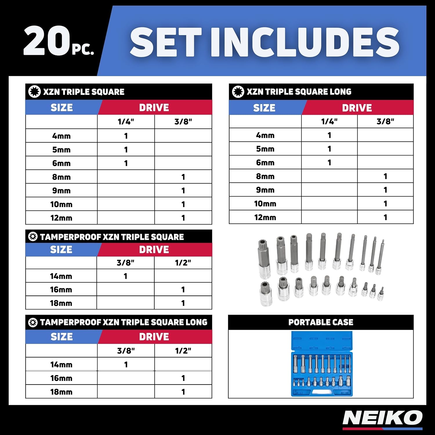 NEIKO 10057A XZN Triple Square Bit Kit, 20-Piece Spline Tool Collection, Extra Long 4” Bits 4mm–18mm, 12-Point Tamperproof, Square Drive, S2 & Cr-V Steel