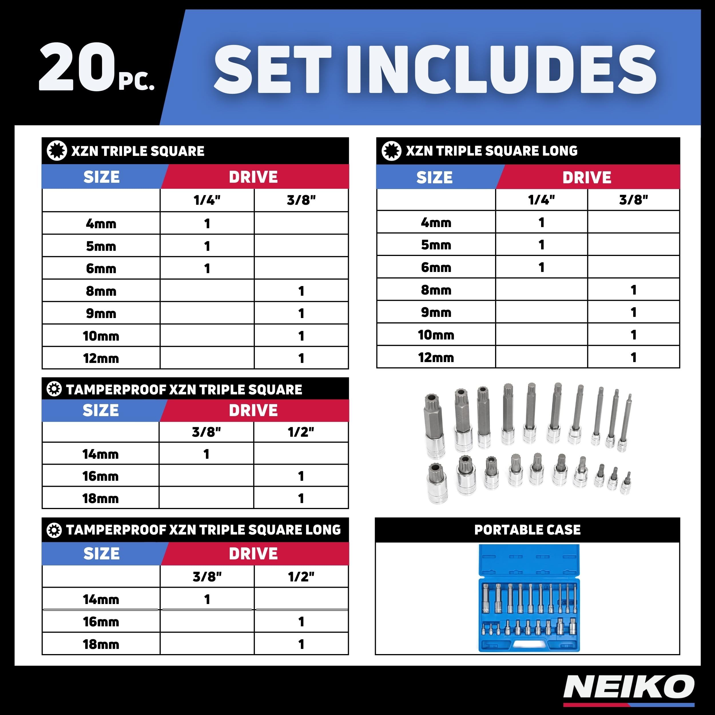 NEIKO XZN 10057A - Set di punte quadrate triple, 20 pezzi, set di chiavi a bussola scanalate, set di chiavi a bussola extra lunghe da 10,2 cm, da 4 mm a 18 mm, 12 punti, antimanomissione, punta a