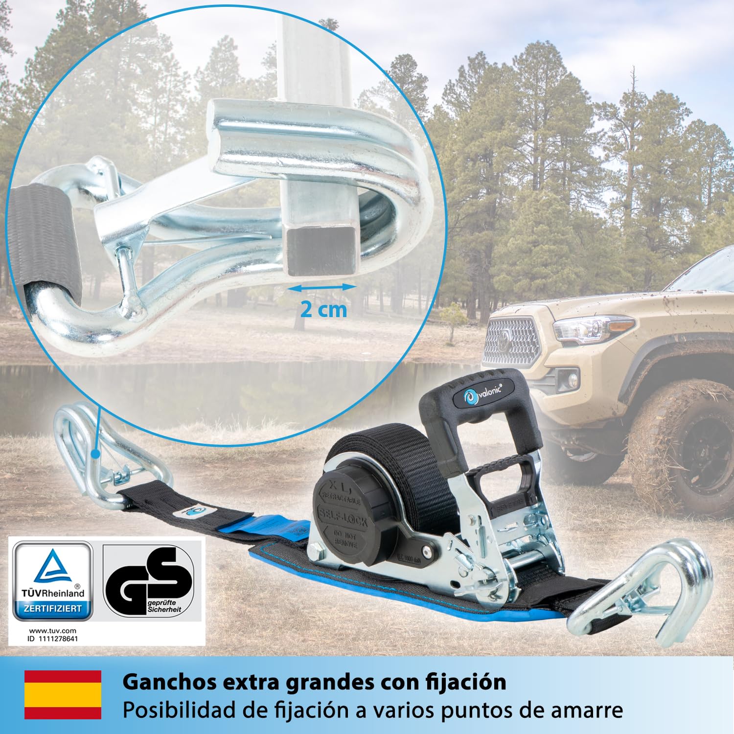 valonic Grizzly - 2X 5m XXL Cinchas de Amarre automáticas con mosquetón, 35mm, 800/1600 KG, Acolchadas, Certificado TÜV Rheinl. & GS, EN-12195-2 - con trinquete, Negro