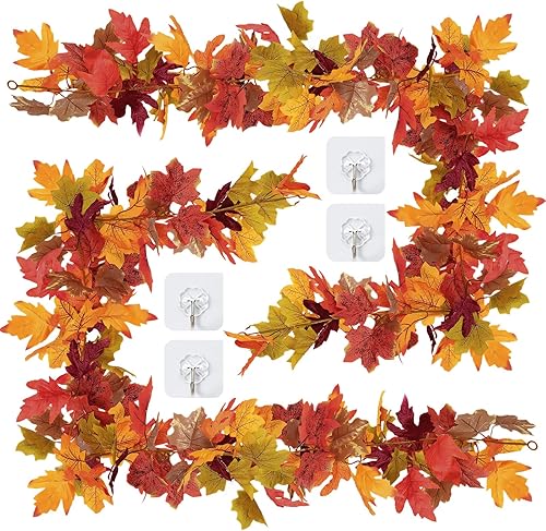 Paquete de 2 guirnaldas de hojas de arce de otoño, decoración de hojas artificiales de 5.8 pies para árbol de otoño, manto, mesa, dormitorio,