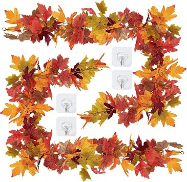 11.6Ft2Pcs*5.8Ft Fall Artificial Maple Leaves Garland Decorations | Thanksgiving Tree Autumn Mantle Table Bedroom Office Classroom Party Indoor Outdoor Holiday Home Orange