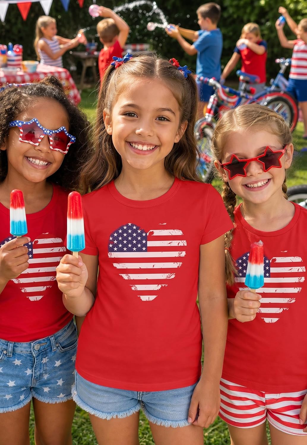 Tstars Fitted Tee for Girls 4th of July Shirt | Patriotic American Cute Kids Heart Graphic Horse T-Shirt