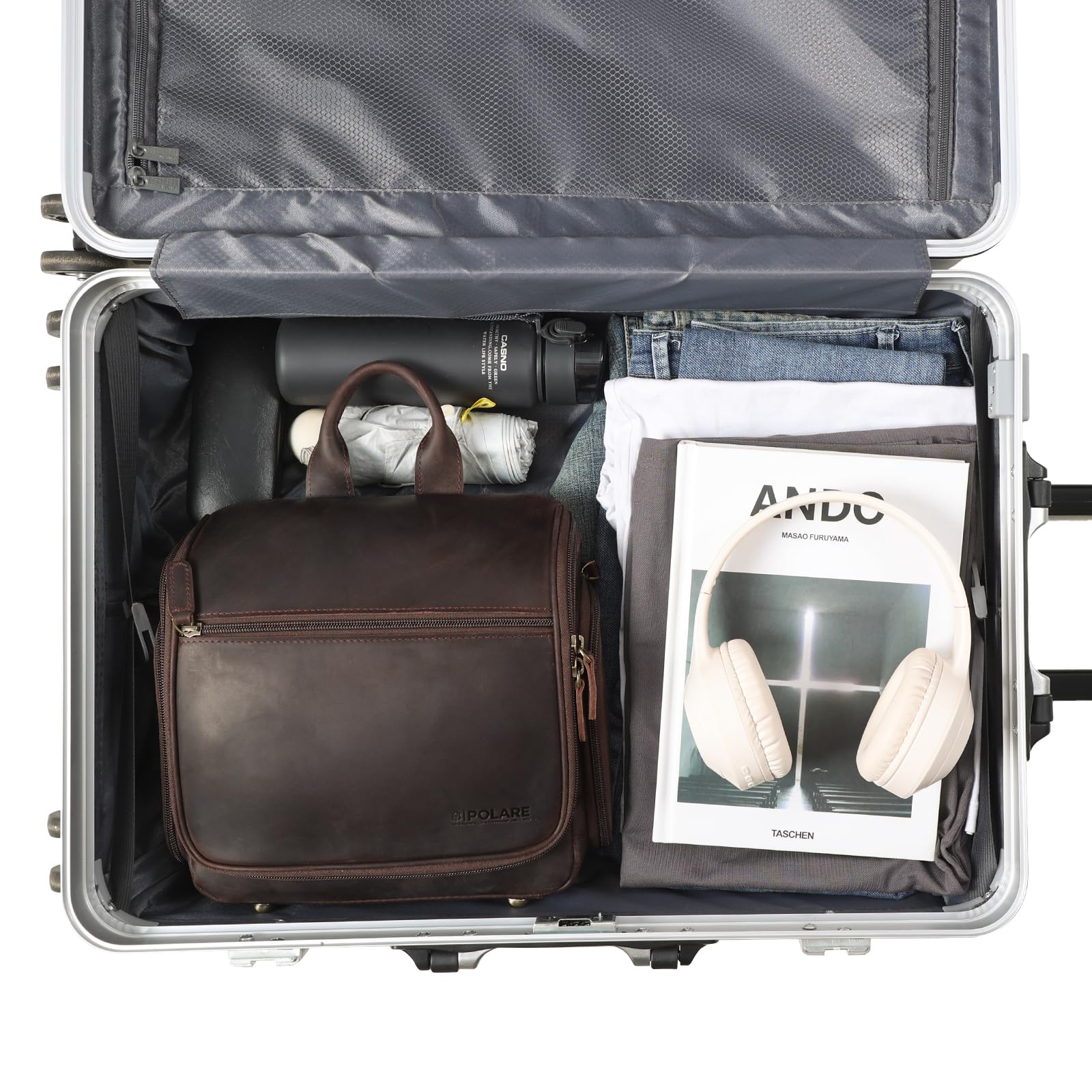 Polare - Neceser de Piel de Grano Completo, Organizador de Viaje para Colgar, Kit de Afeitado, Bolsa de Lavado, Kit de Maquillaje y cosméticos con Cremalleras YKK, Marrón Oscuro, Polare - Neceser de