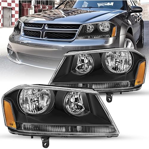 Headlight Assembly Fit for 2008-2014 Dodge Avenger Driver and Passenger Side Black Housing with Amber Reflector