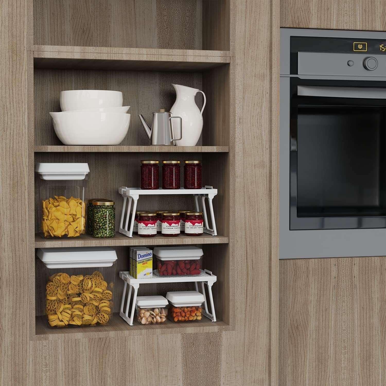 ums Kitchen Cabinet Shelf Organizers - White Plastic Stackable Freezer Rack. Usable Storage Rack for Your Spice, Refrigerator, Pantry (12 X 5.5 inch) Kitchen Cabinet Shelf Organizer Pack of 4