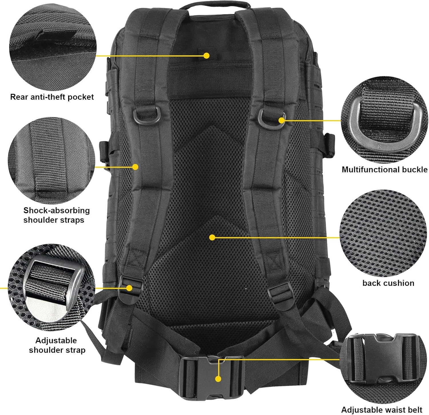 40L Tactical Backpack, Camouflage Military Bug Out Bag, Durable MOLLE Hiking Camping Gear (BLACK) - Image 6