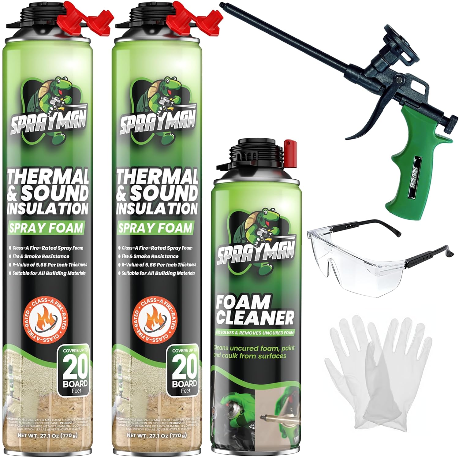Sprayman Spray Foam Insulation Kit (40 Sq.Ft.) (R-Value 11.32 / 2in) - Closed Cell Expanding Foam Sealant, Thermal & Acoustic Protection for Wall and Attic - Gun & Cleaner Included, 27.1 oz, 2 Pack