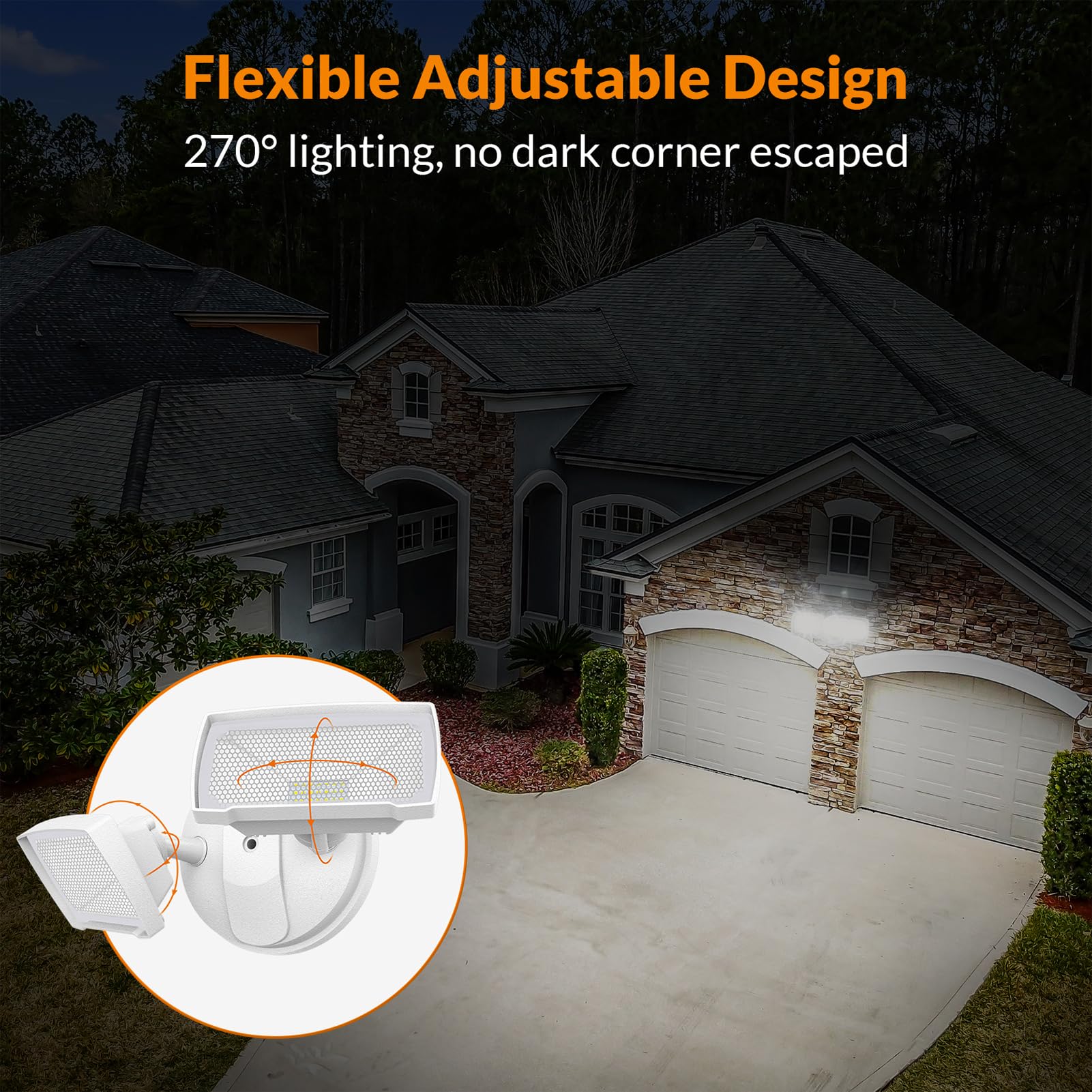 LEPOWER Luz LED de seguridad para exteriores (28 W, 3000 lúmenes, luz de inundación LED, 6000 K, metal completo, IP65, impermeable, 2 cabezas ajustables de seguridad para garaje, patio, camino y