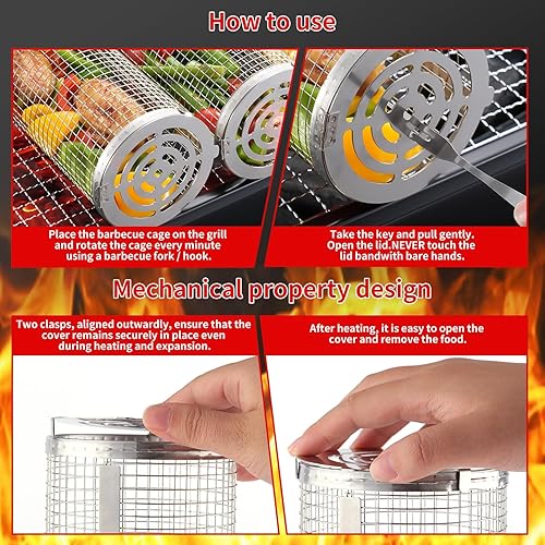 Miniatura 5 de Cestas de parrilla rodantes para parrilla al aire libre, barbacoa, parrilla de acero inoxidable, accesorios de parrilla de barbacoa, cesta redonda