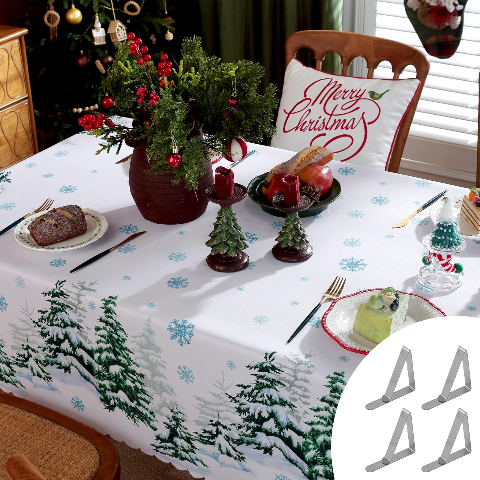 PRZRAO Mantel de Navidad, decoración de invierno blanco de la mesa de la cocina, mantel de Navidad 150 x 220 cm + 4 clips de mantel, mantel al aire libre lavable (blanco)