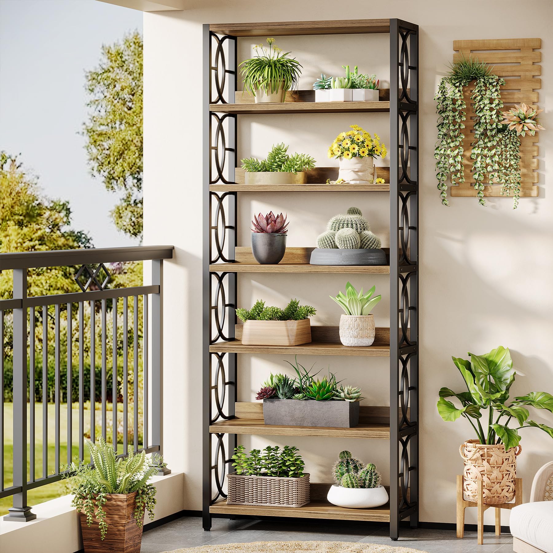Tribesigns Support de plantes en bois - 6 niveaux - 180 cm de haut - Étagère d'exposition robuste sur pied pour l'intérieur, le balcon, le jardin (marron rustique et noir)