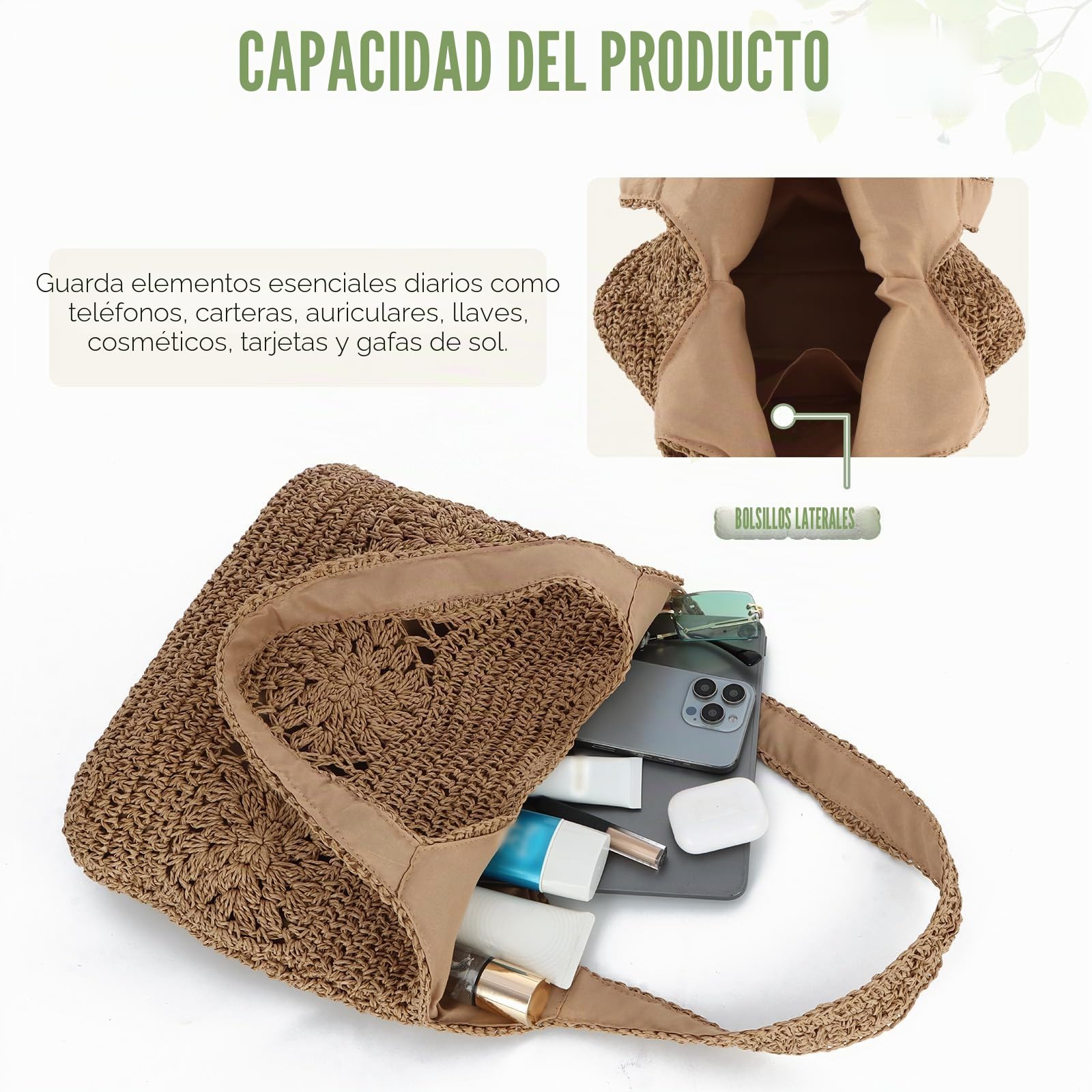Bolso Tote de Paja para Mujer Grande Verano Playa Tejido Bolso Bandolera para Viajes Vacaciones