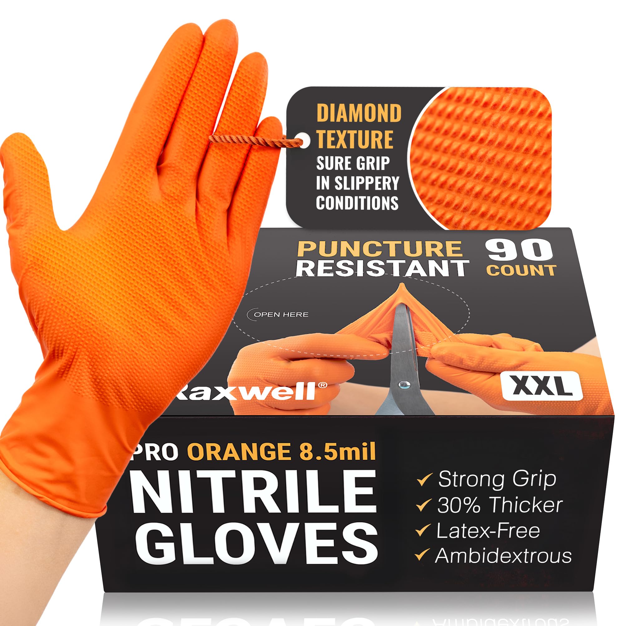 Raxwell Orange Nitrile Gloves 8.5 Mil - Powder-Free Puncture-Resistant Protection - Diamond-Texture Work Gloves with Grip