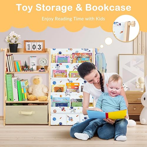Miniatura 6 de Estantería infantil y organizador de almacenamiento de juguetes de madera 2 en 1 para niños pequeños, estante de 4 niveles con caja de juguetes para