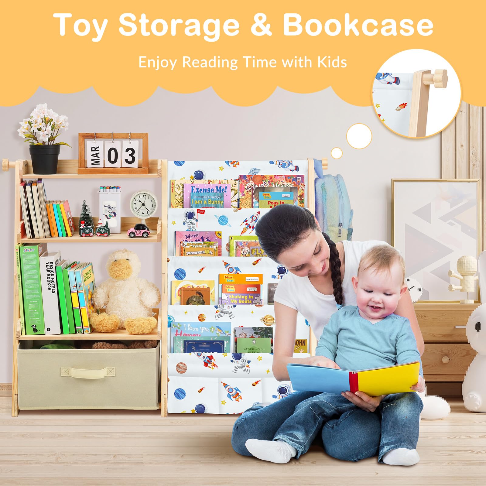 Libreria per Bambini con 4 Ripiani e 3 Scomparti Aperti, Scaffale Giochi Bambini con Scatole e 3 Tasche, Scaffale Portagiochi per Camerette, Librerie Montessoriana per Bambino e Bambina (Astronauti)