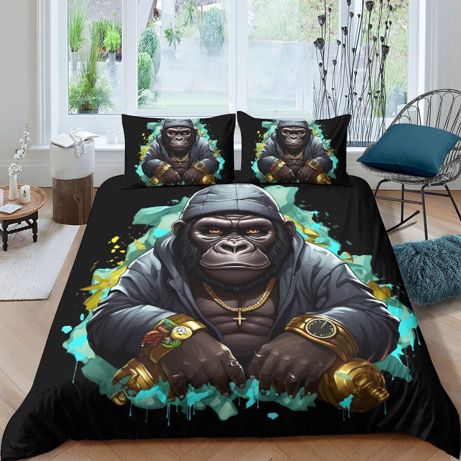 3D Printed Gorilla Urban Art Duvet Cover Microfiber Breathable Gold Decor Bedding Set with 2 Pillowcases for Bedroom Single（135x200cm）