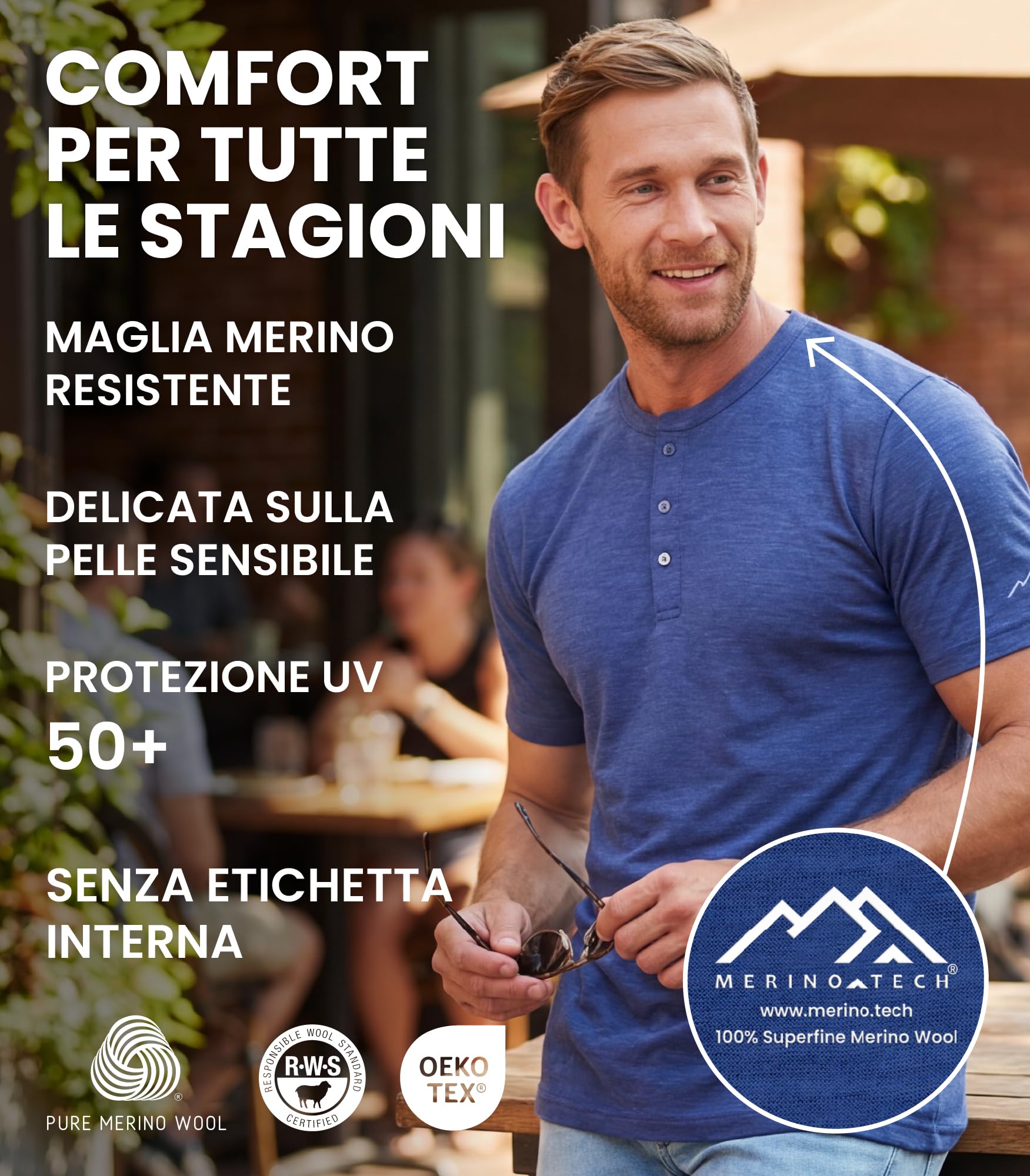 Merino.tech T Shirt Lana Merino - Intimo Termico Uomo Lana Merinos - Maglietta Trekking Uomo con Strato Base Leggero