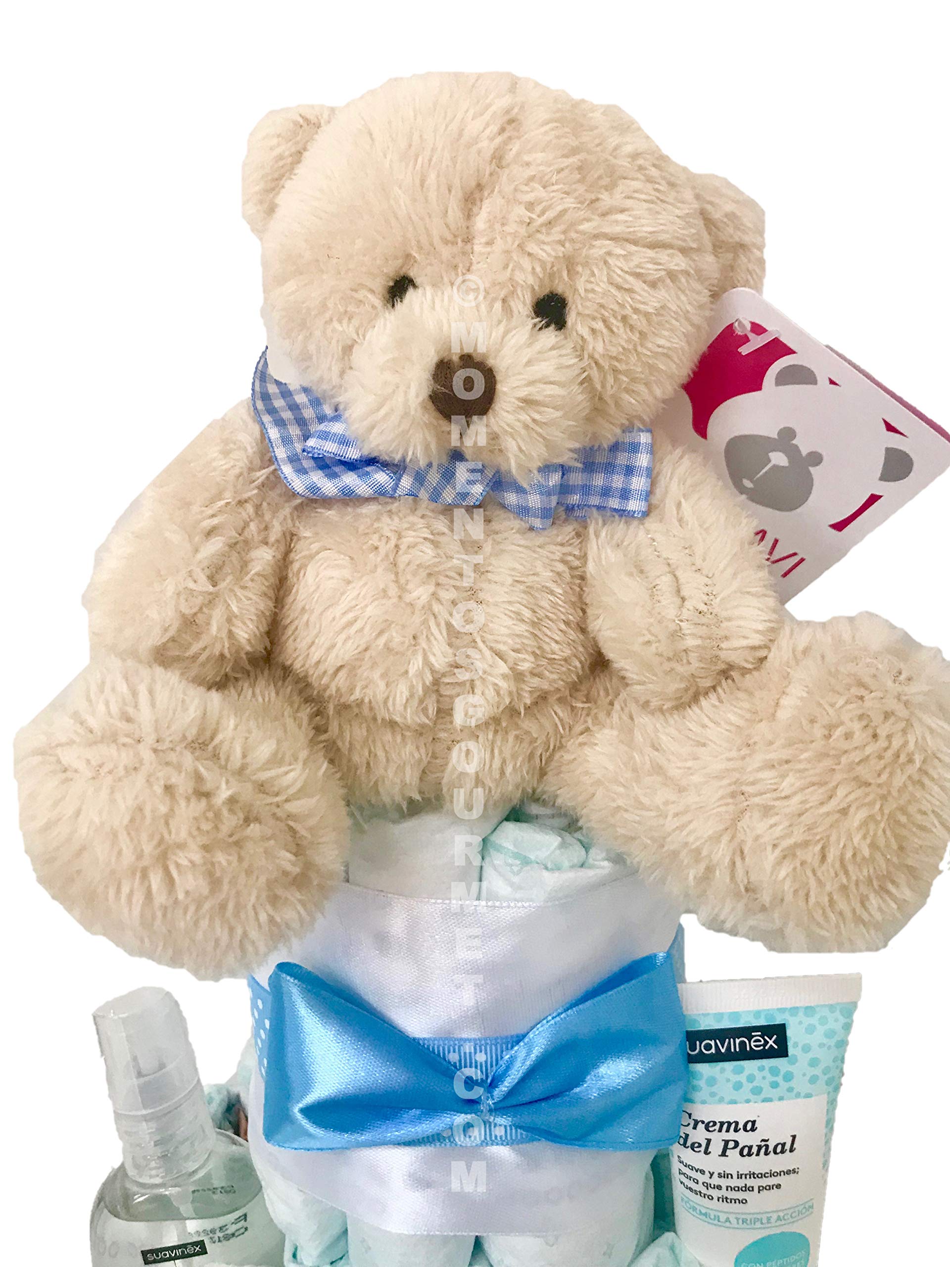 Gâteau à couches Suavinex bleu avec tétine (taille 3 (4-9 kg)) by MomentosGourmet Ajoutez votre dédicace personnalisée. Cadeau pour bébé très pratique. Panier bébé nouveau-né Diaper Cake