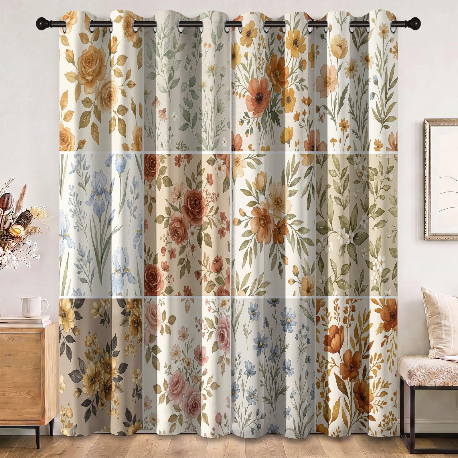 Tenda oscurante floreale vintage beige marrone – Tende termiche rosa margherite foglie rami e foglie, tende camera da letto, soggiorno, finestra, set di 2 tende e tendaggi occhielli, 150 x 280 cm