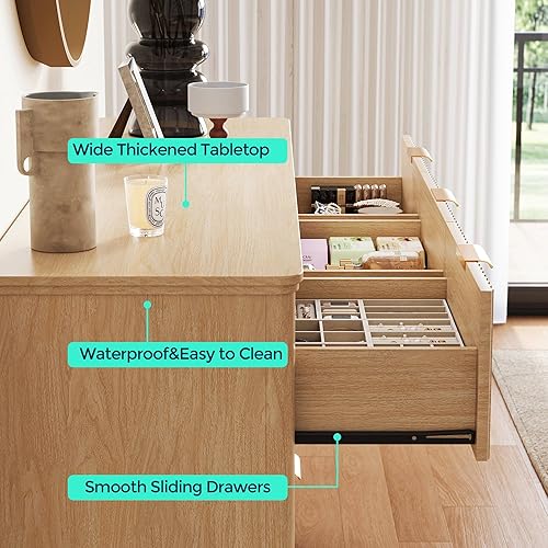 Miniatura 6 de LINSY Cómoda acanalada para dormitorio con 9 cajones, cómoda moderna de mediados de siglo con asas de metal dorado, cómoda ancha de madera bohemia,