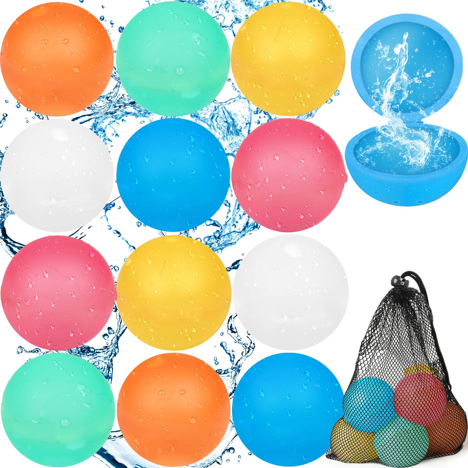 Wasserbomben Wiederverwendbare 12 Stück & 1 Mesh Bag, Silikon Wasserbomben Selbstschließend für Kinder & Erwachsene, Wasserballoons Schnellfüller Outdoor Wasserspielzeug für Strand Sommerparty