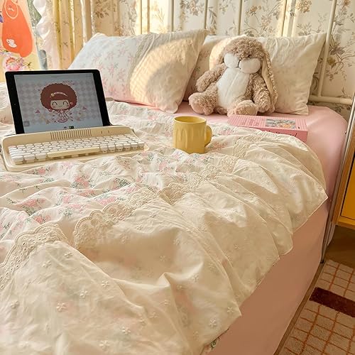 Miniatura 10 de Juego de funda de edredón floral azul, tamaño Queen, de algodón suave, estilo bohemio, estilo campestre, estético, desgastado y elegante, con patrón