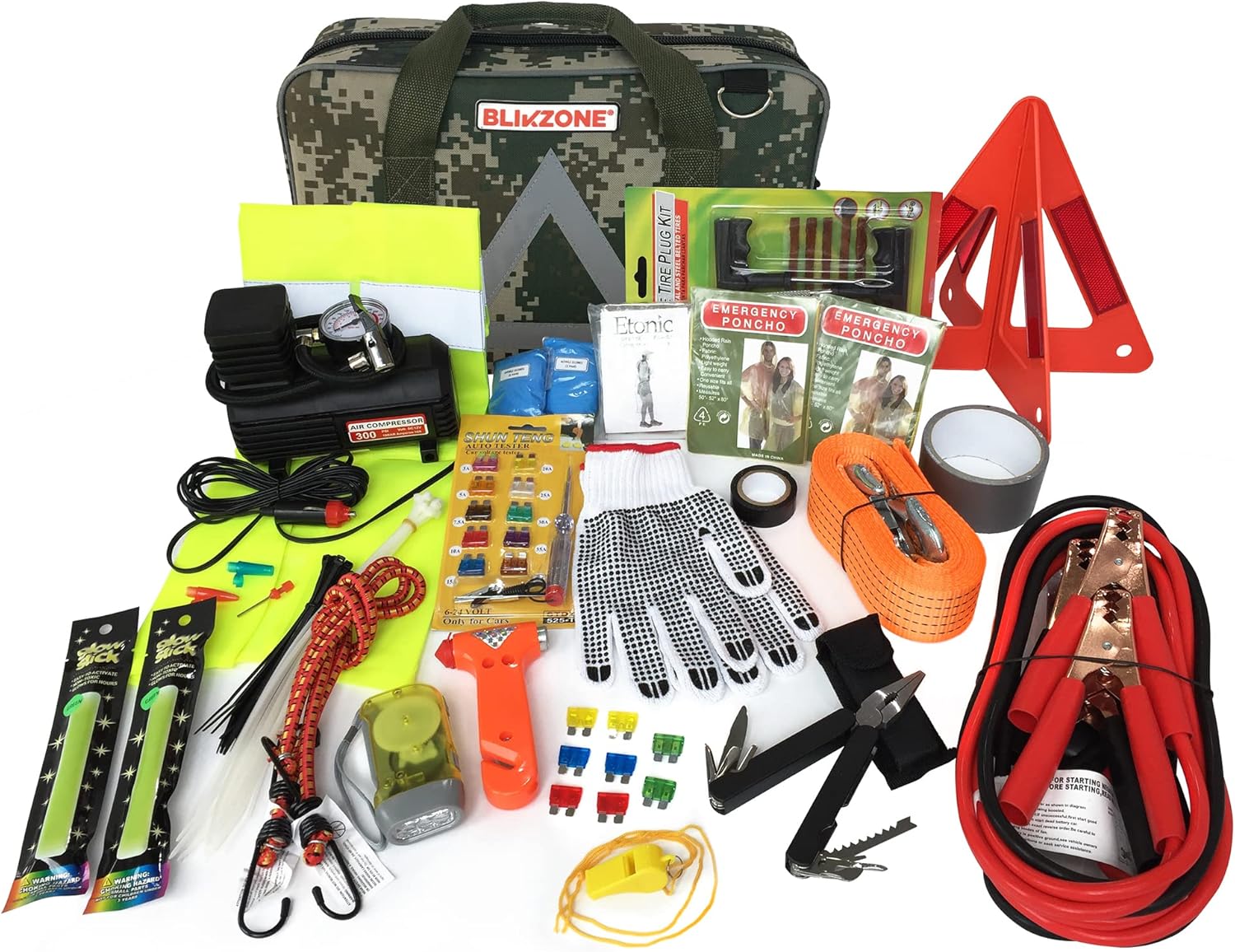 BLIKZONE Auto Roadside Emergency car kit Camo 81 Pc for Vehicle Emergency: Portable Air Compressor, Jumper Cables, Tire Repair Kit, Led Flash Light and All Essential Tools to Travel and Drive Safely : Everything Else