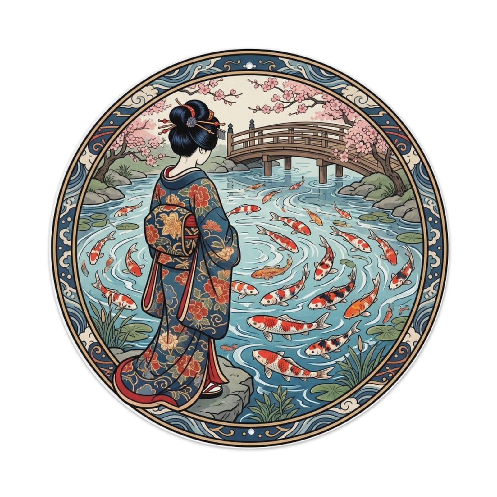 Galvaxio Style Japanese Kimono Woman Observing Koi Fish Swimming Pond Metal Tin Sign