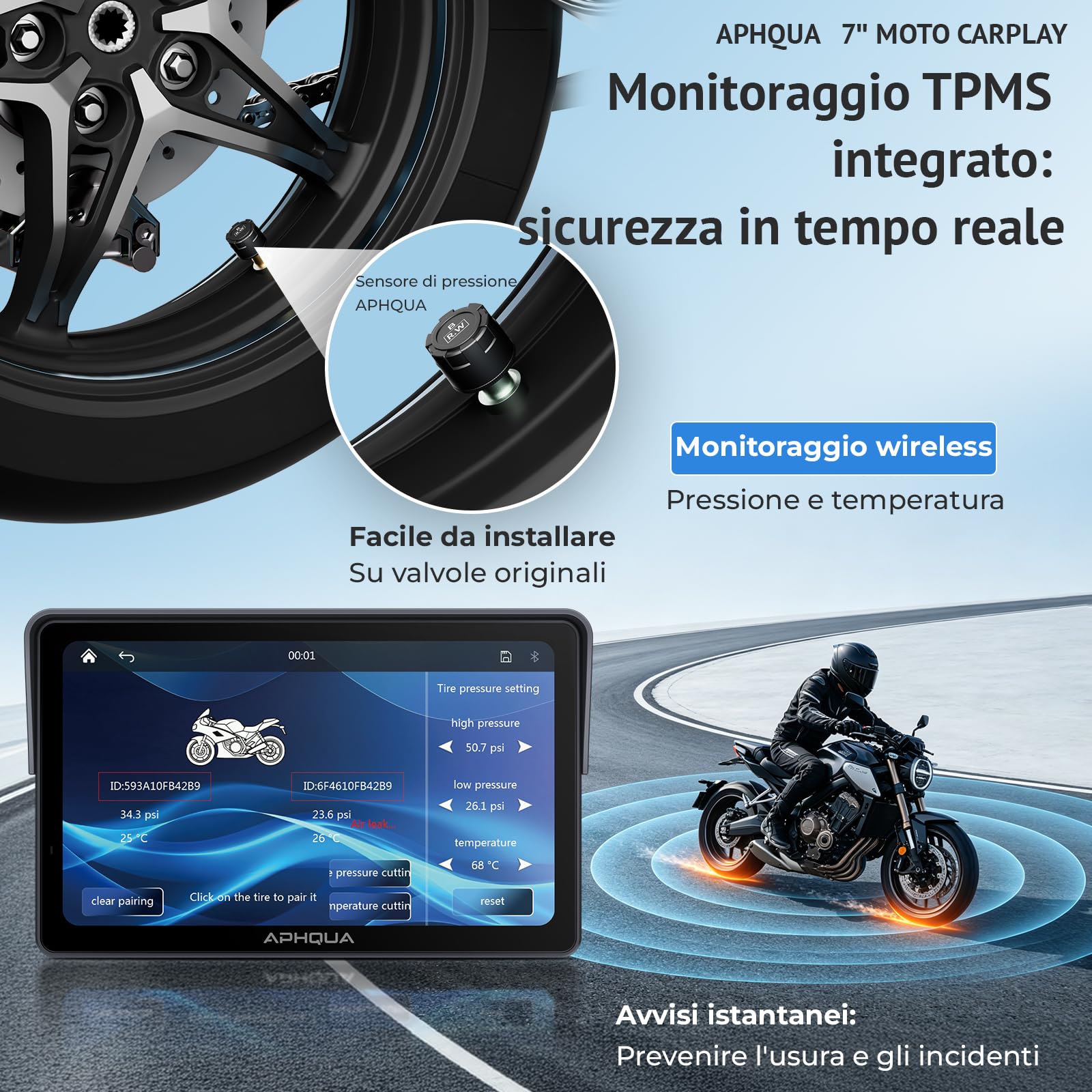 Moto Carplay Display 7 Pollici Impermeabile Touch Screen Sistema di Controllo della Pressione Pneumatici (TPMS), CarPlay Wireless e Android Auto per Moto, Dual Bluetooth, Navigazione GPS