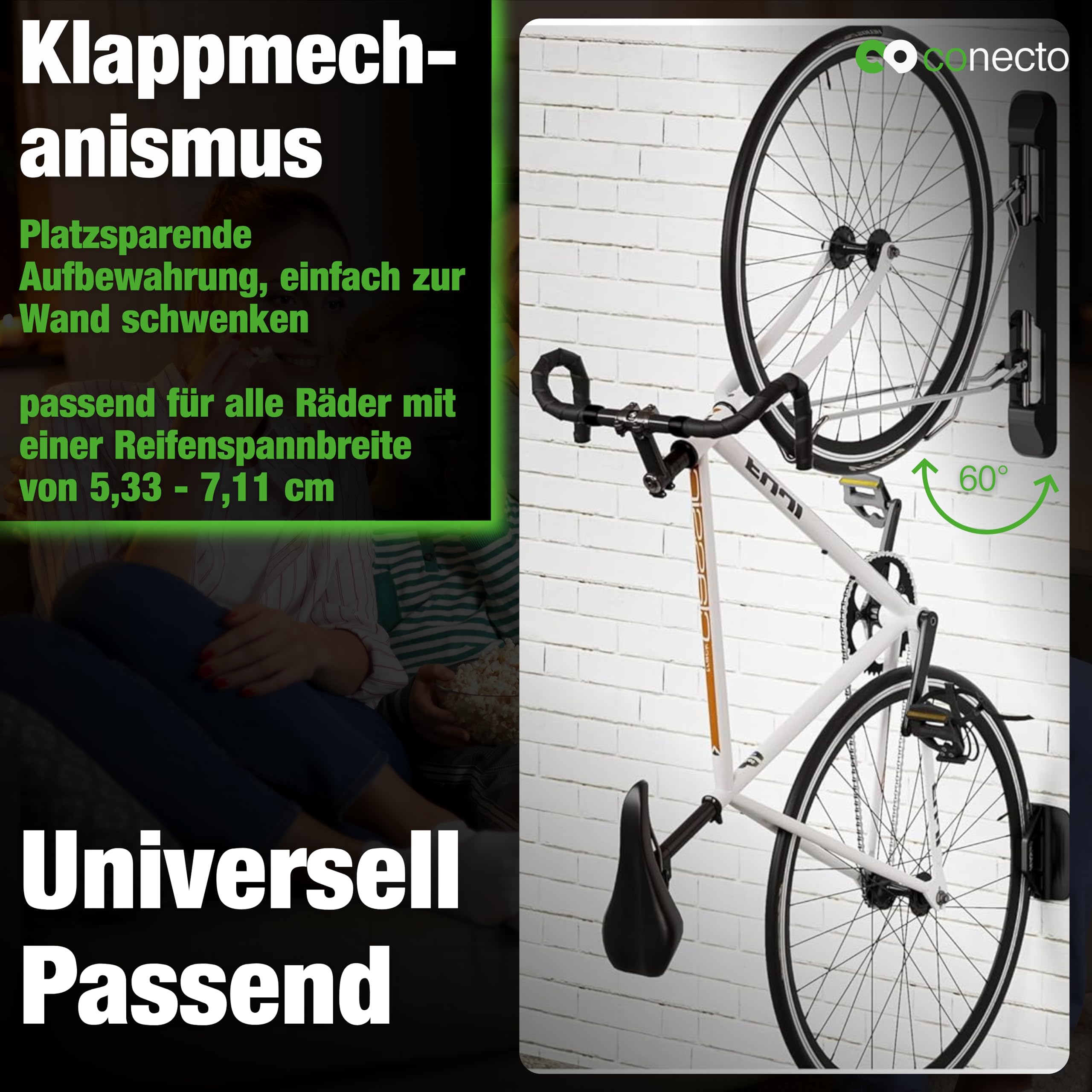 conecto Fahrrad Wandhalterung, Fahrradhalterung, Fahrradhalter, schwenkbar, höhenverstellbar für MTB, E-Bike bis 35 kg, Fahrradwandhalterung, Fahrrad Aufhängung Keller Garage Wand, Schwarz