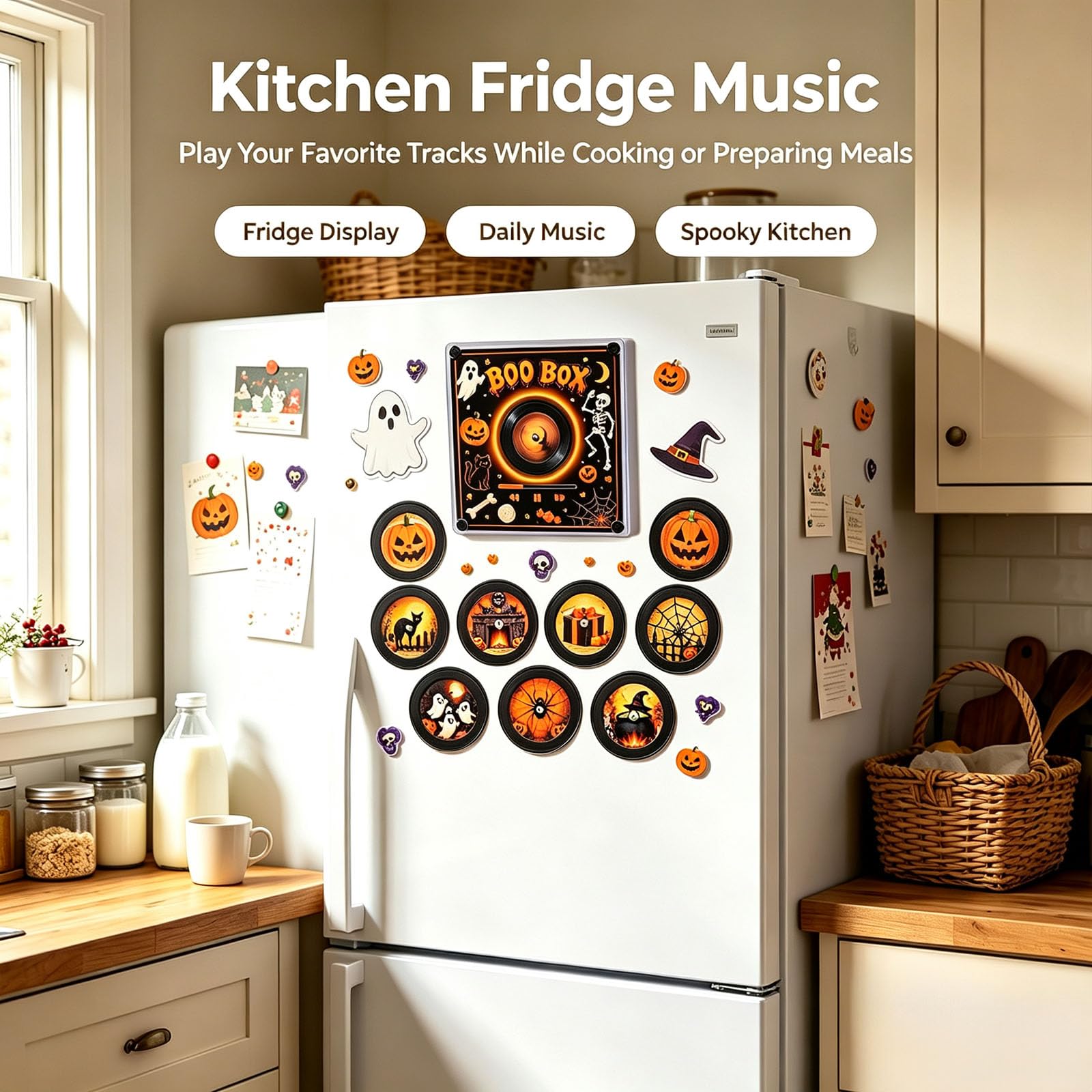 Aimant de Frigo Musical Noel, Lecteur Vinyle Aimanté pour Frigo, Aimants Réfrigérateur Rétro Vinyle NFC Programmables avec LED, 9 Disques, Musique Personnalisable，Blanc4