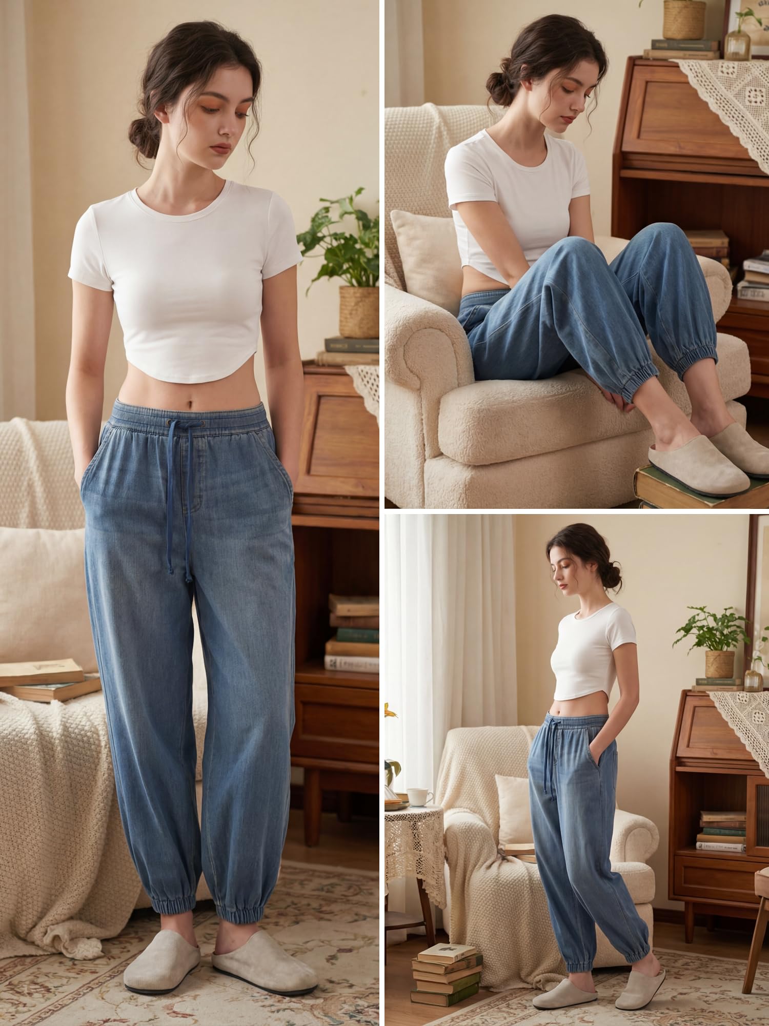 LaiEr Jogger in Denim Donna,Vita Media,Vita Elastica con Coulisse,vestibilità Conica,Stile Casual Confortevole, Jeans Morbido ed Elastico,Adatto per Sport e Yoga,Capo alla Moda per Uso Quotidiano