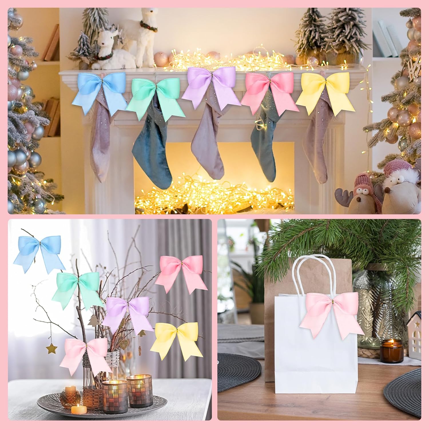 24 Pcs 7.1 Inch Pastel Rainbow Christmas Bows - Pre Tied Twist Tie Ribbon Bows for Xmas Tree, Wreath, Gift Wrapping, Wedding, Home Party Decorations 6 Colors - Image 6