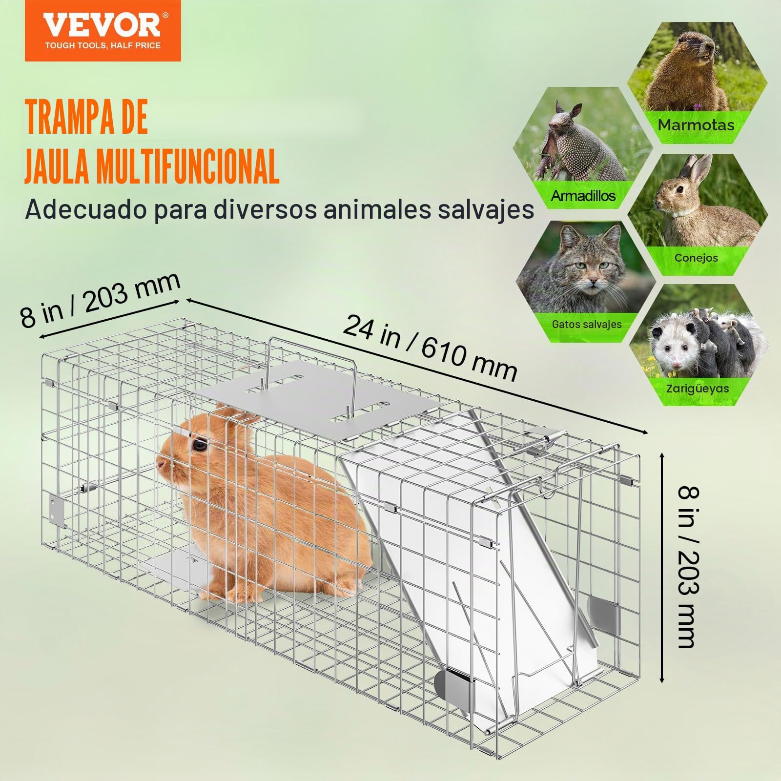 VEVOR Trampa para Animales 610x203x203 mm Jaula Plegable para Trampa para Gatos Alambre Galvanizado sin Crueldad con Asa Trampa para Conejos, Gatos Callejeros, Ardillas, Mapaches, Marmotas, Zarigüeyas