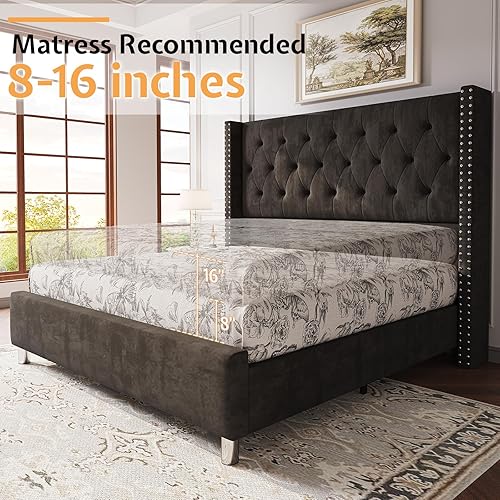 Miniatura 5 de Jocisland Base de cama tamaño King tapizada con plataforma de terciopelo y respaldo copetudo no necesita somier azul marino