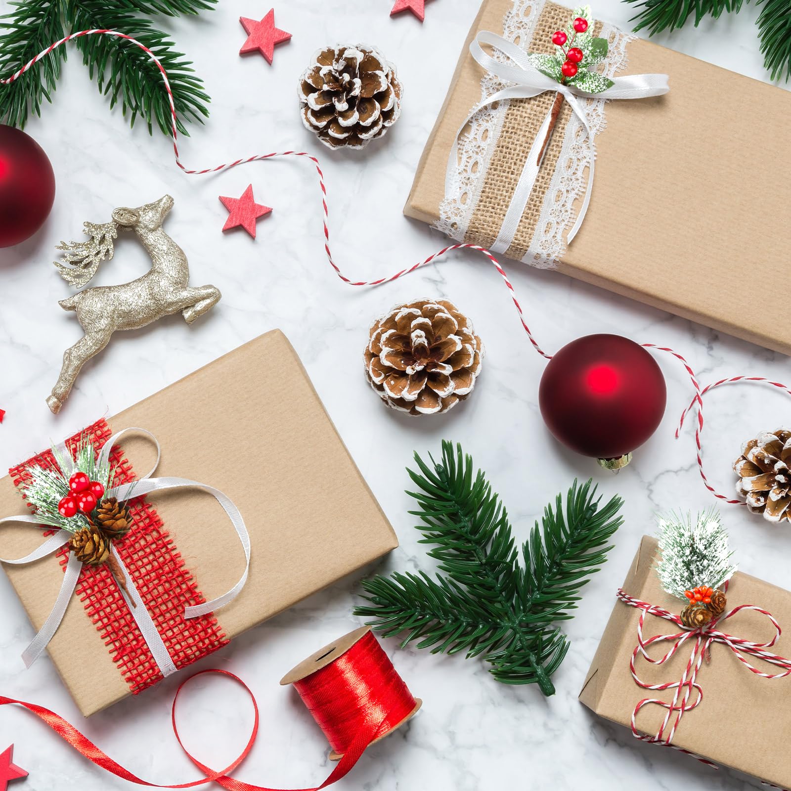 48-Piece Christmas Floral Picks & Sprays - Holly, Red Berry, Pine Cones For Tree, Wreath & Craft Decor